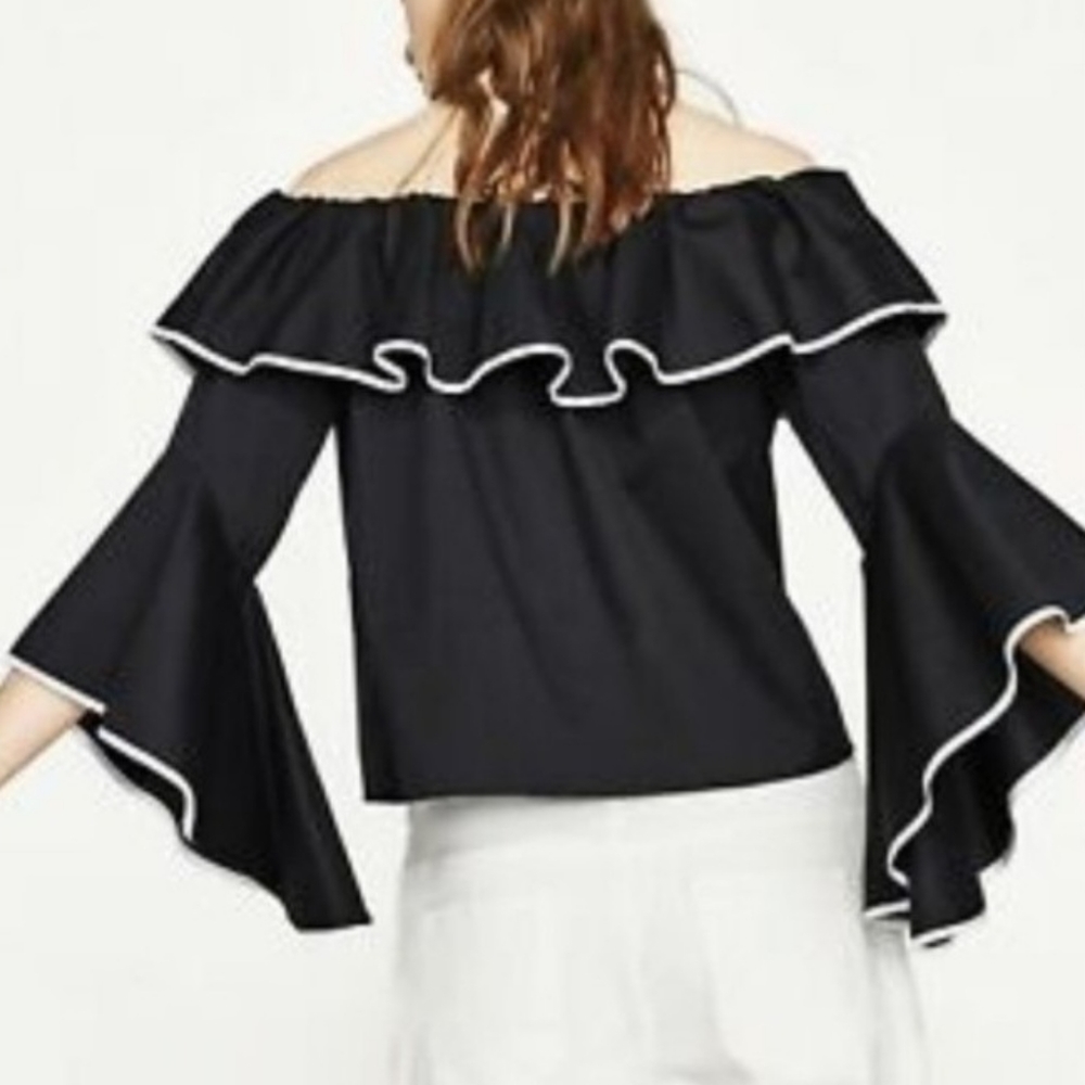ZARA Basic Poplin Ruffle Off the Shoulder Top Bell Sleeve Blouse Size Sm…